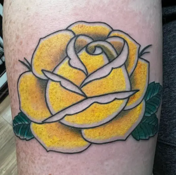 Yellow & White Rose with Green Leaves Tattoo
