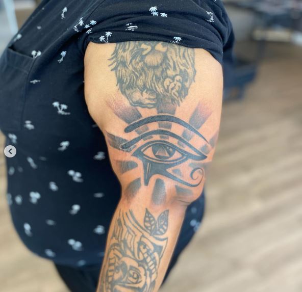 Big Grey Eye of Horus Biceps Tattoo