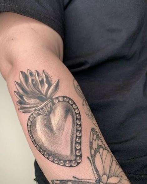 Grey Shaded Sacred Heart Forearm Tattoo