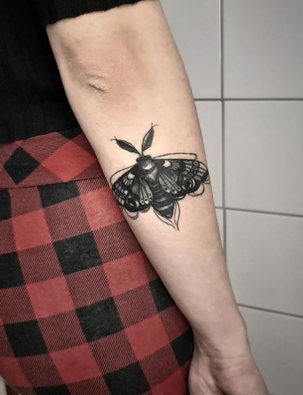 Black-Work Moth Forearm Tattoo