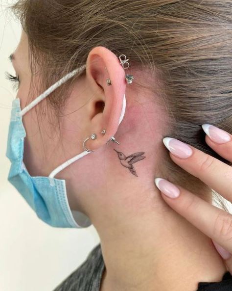 Small Hummingbird Tattoo Behind Ear