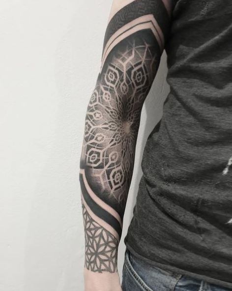 Black and Grey Mandala Arm Sleeve Tattoo