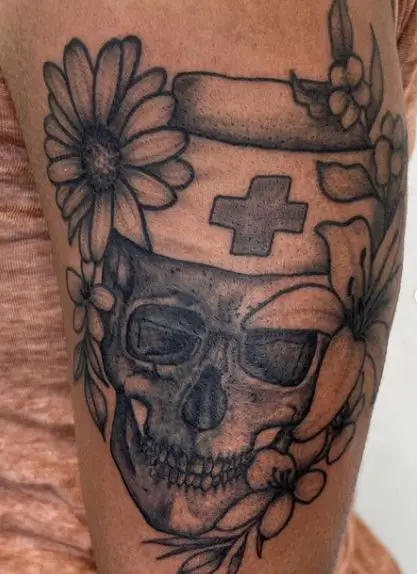 Shaded Skull with Nurse Outfit Tattoo