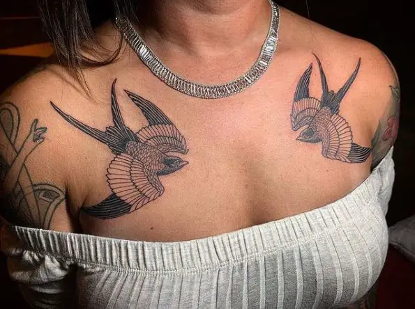 Black Detailed Sparrows Chest Tattoo