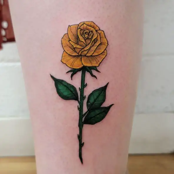 Yellow Texas Rose Leg Tattoo