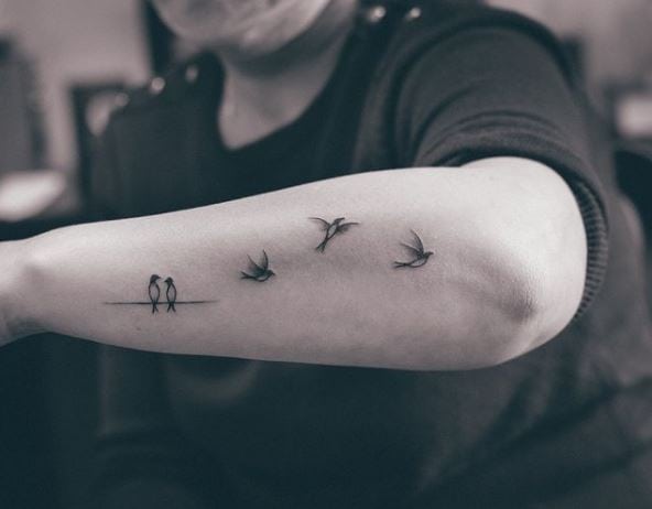 Swallows Couple on Wire and Flying Swallows Forearm Tattoo