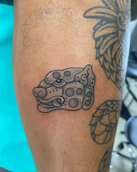 Grey Head of Mayan Jaguar Leg Tattoo