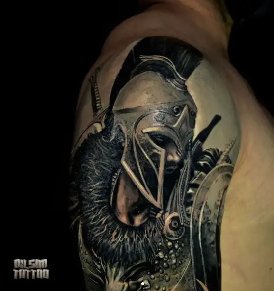 Black and Grey Spartan Warrior Shoulder Tattoo