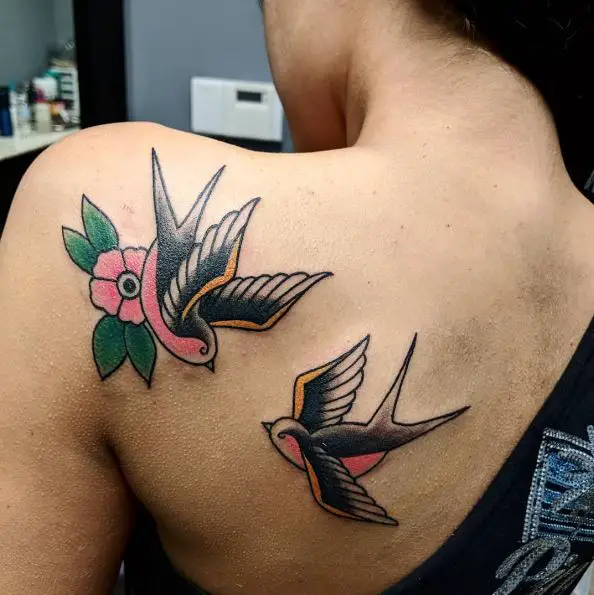 Pink Flower and Sparrows Back Tattoo
