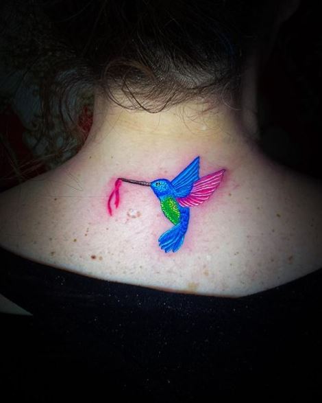 Colorful Hummingbird Tattoo on Neck