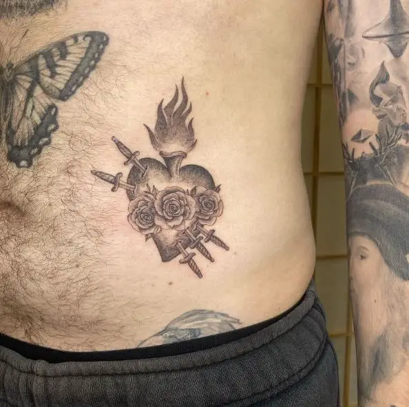 Roses on Stabbed Sacred Heart Belly Tattoo