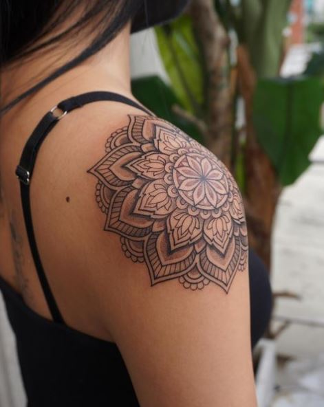 Grey Mandala Shoulder Tattoo