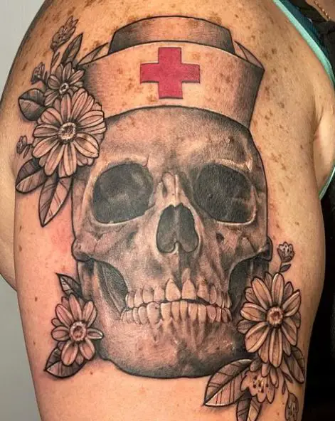 Nurse Skull and Flowers Tattoo