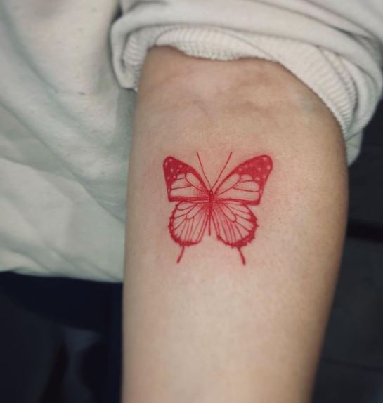 Small Red Monarch Butterfly Forearm Tattoo