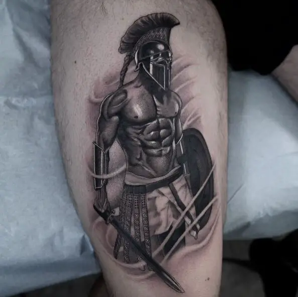 Spartan Warrior with Sward and Shield Thigh Tattoo