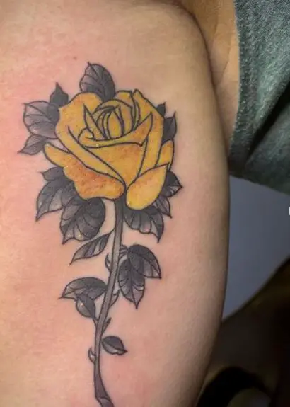 Yellow Rose with Grey Shaded Branch and Leaves Tattoo