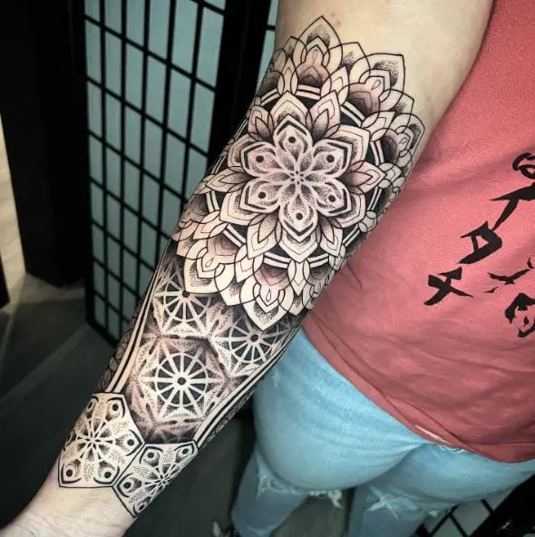 Shaded Mandala Forearm Sleeve Tattoo