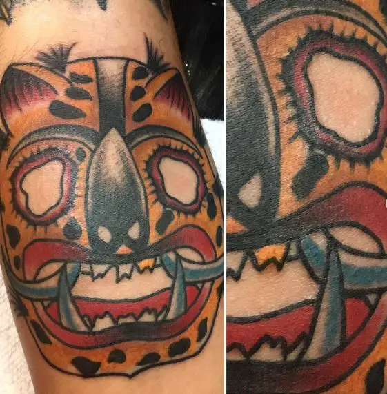 Colored Mayan Jaguar Mask Tattoo
