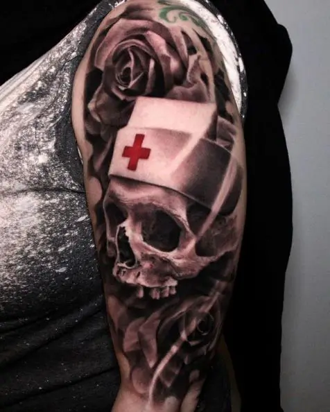 Nurse Skull and Roses Tattoo