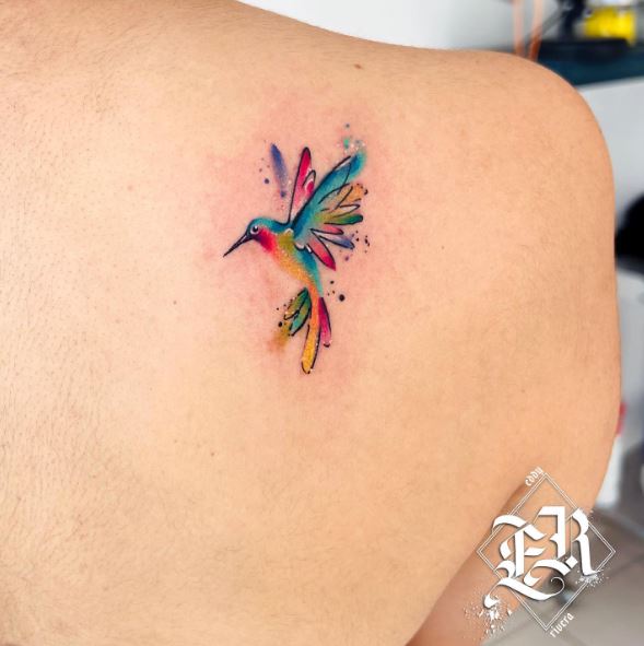 Vibrant Colored Hummingbird Tattoo on Shoulder