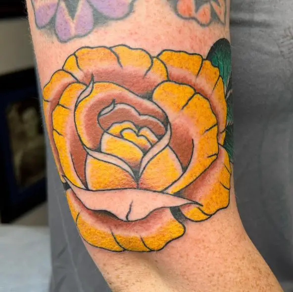 Big Bloomed Yellow Rose Elbow Tattoo