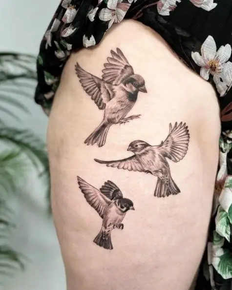 Grey Sparrows Thigh Tattoo
