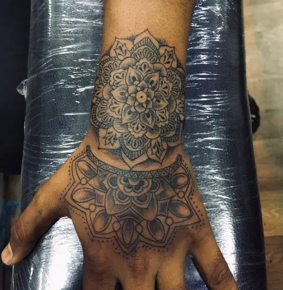 Grey Mandala Wrist and Hand Tattoo