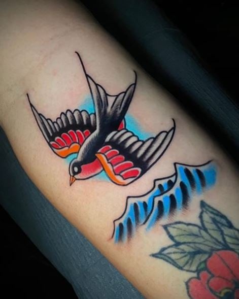 Flower Mountain and Black and Red Flying Swallow Tattoo