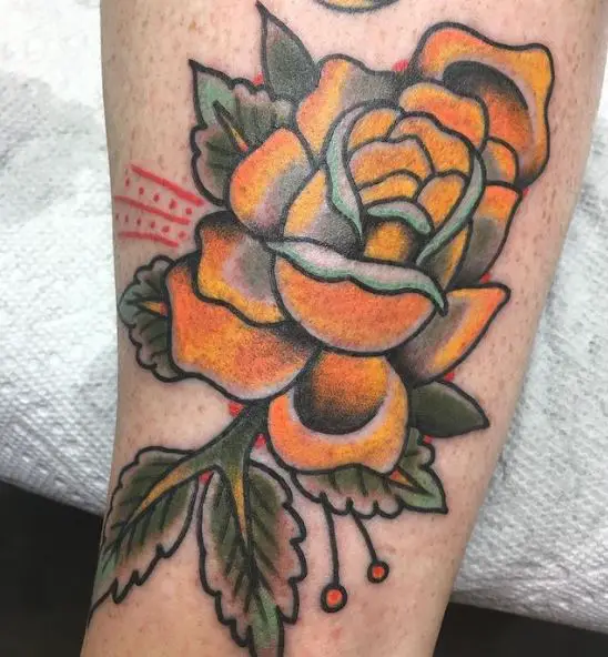 Yellow Rose on Green Branch with Leaves Tattoo