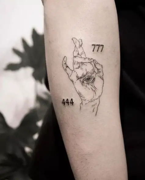 Hamsa Hand 444 and 777 Arm Tattoo