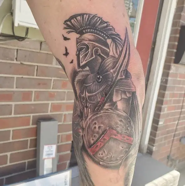 Birds and Spartan Warrior with Spear and Shield Tattoo