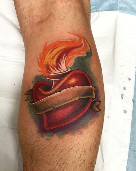 Colorful Burning Sacred Heart Tattoo