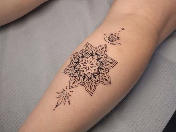 Black and Grey Mandala Calf Muscle Tattoo