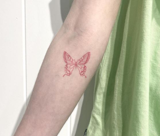 Thin Lines Red Butterfly Elbow Tattoo