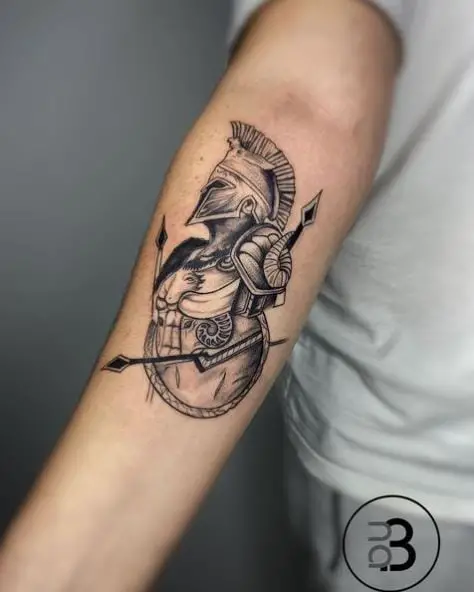 Shield with Spear and Spartan Warrior Forearm Tattoo
