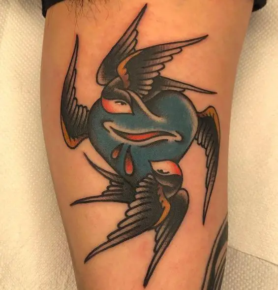 Flying Blue Hearth and Two Flying Swallows Tattoo