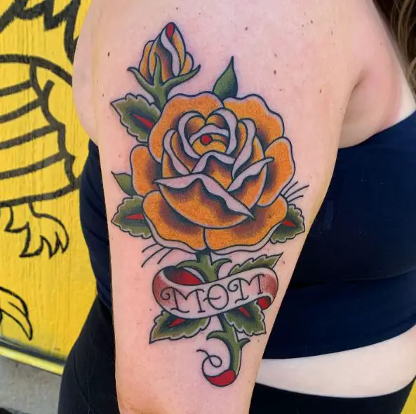 Yellow Rose and Bud with Mom Band Tattoo