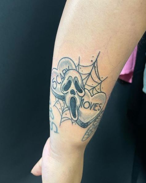 Scary Movies Mask and Spider Web Arm Tattoo