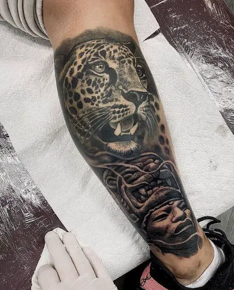 Big Grey Mayan Jaguar Leg Sleeve Tattoo