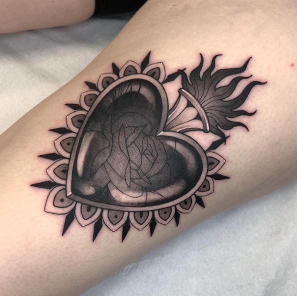 Black Ornamented Sacred Heart Tattoo