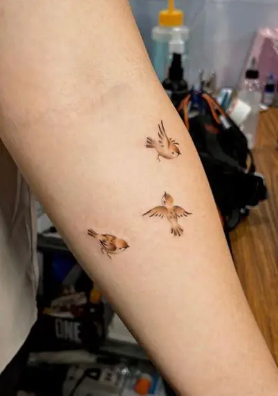 Three Flying Sparrows Arm Tattoo