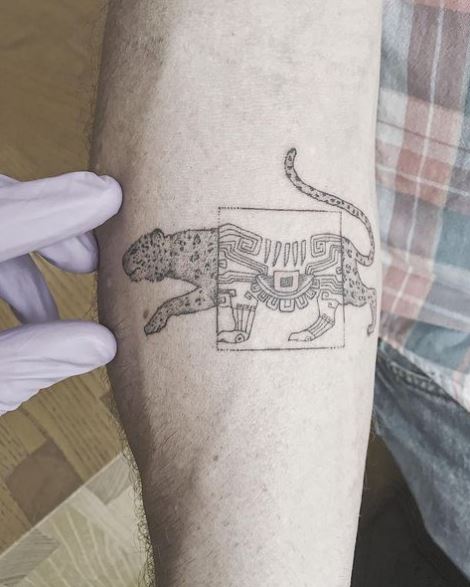 Grey Mayan Jaguar Forearm Tattoo