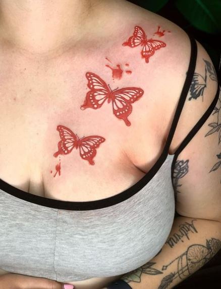 Flock of Red Monarch Butterflies Chest Tattoo