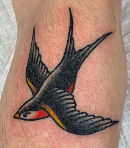 Colored Traditional Swallow Knee Tattoo