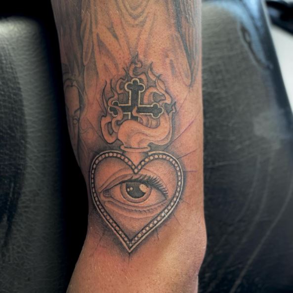 Eye in Sacred Heart Arm Tattoo