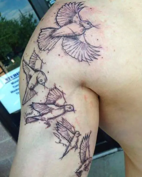 Family of Sparrows Shoulder Tattoo