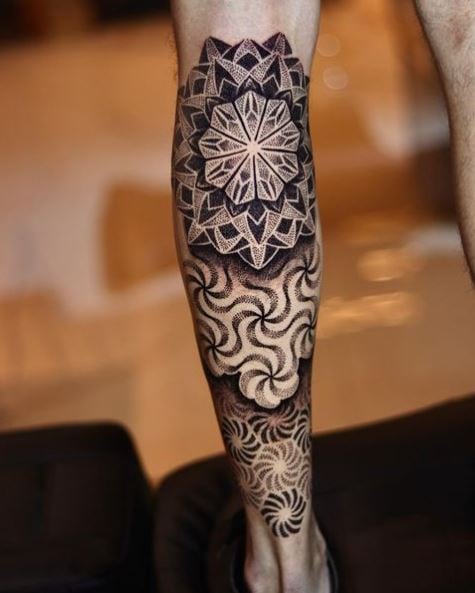 Black Shaded Mandala Calf Muscle Tattoo