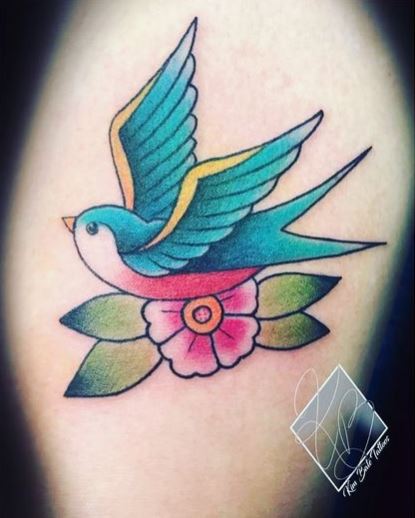 Pink Flower and Blue Swallow Tattoo