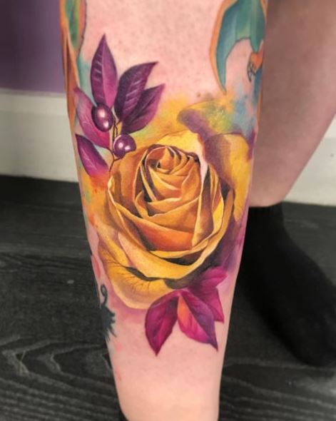 Yellow Rose with Purple Leaves and Fruits Leg Tattoo
