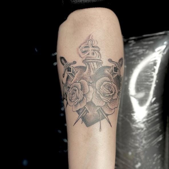 Roses on Stabbed Sacred Heart Arm Tattoo